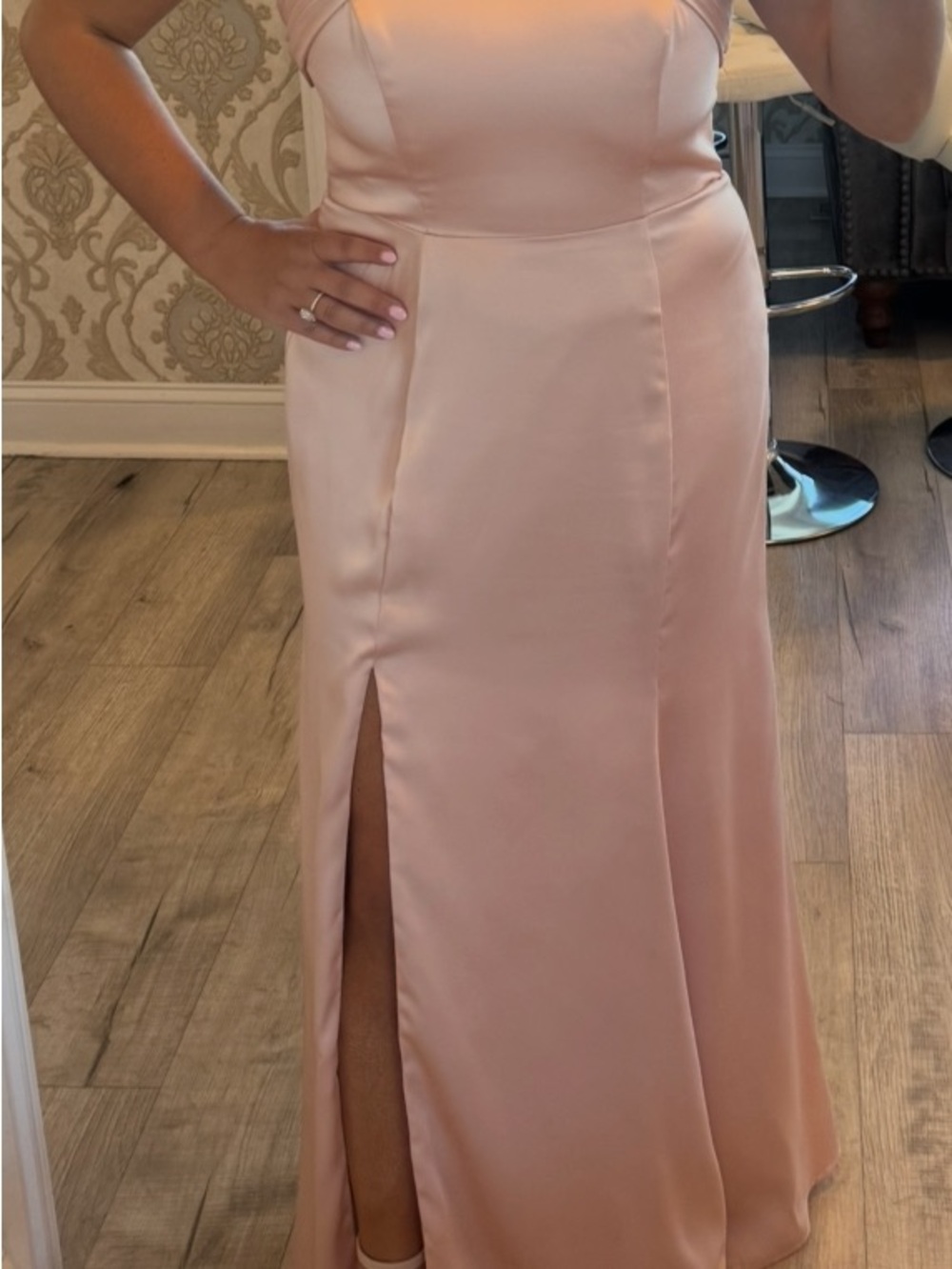 Azazie Blush Pink Satin Maxi Dress with Side Slit